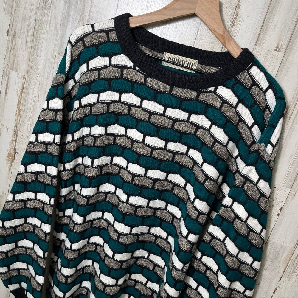 Vintage 90s Jordache 3D Knit Abstract Geometric Sweater Grandpa Mens‎ Medium